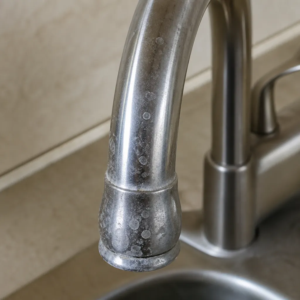 Calcium carbonate scale on a chrome faucet — hard water damage — Annaheim, SK water at 11.23 GPG (192 ppm)