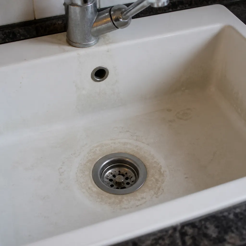 Hard water limescale rings and mineral stains in a sink basin — signs of hard water in Airdrie