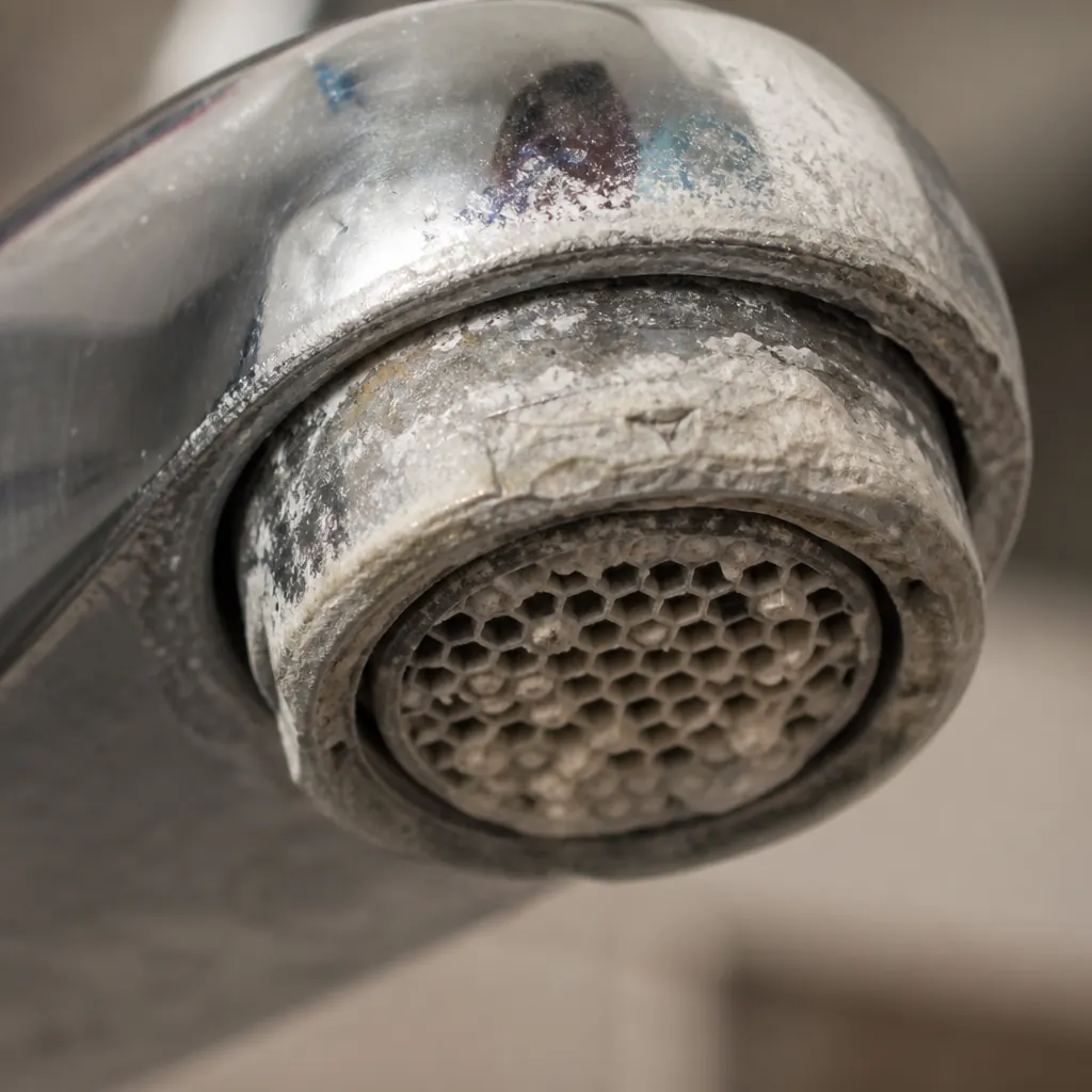 Heavy limescale buildup on a faucet aerator from very hard water — Amarillo, TX water at 13.9 GPG (238 ppm)