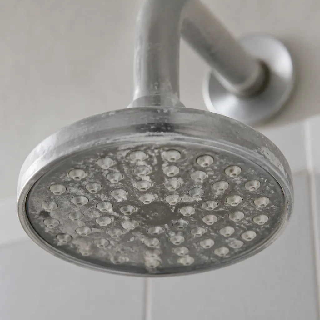 White mineral deposits clogging a showerhead from hard water — Airdrie, AB water at 12.1 GPG (207 ppm)
