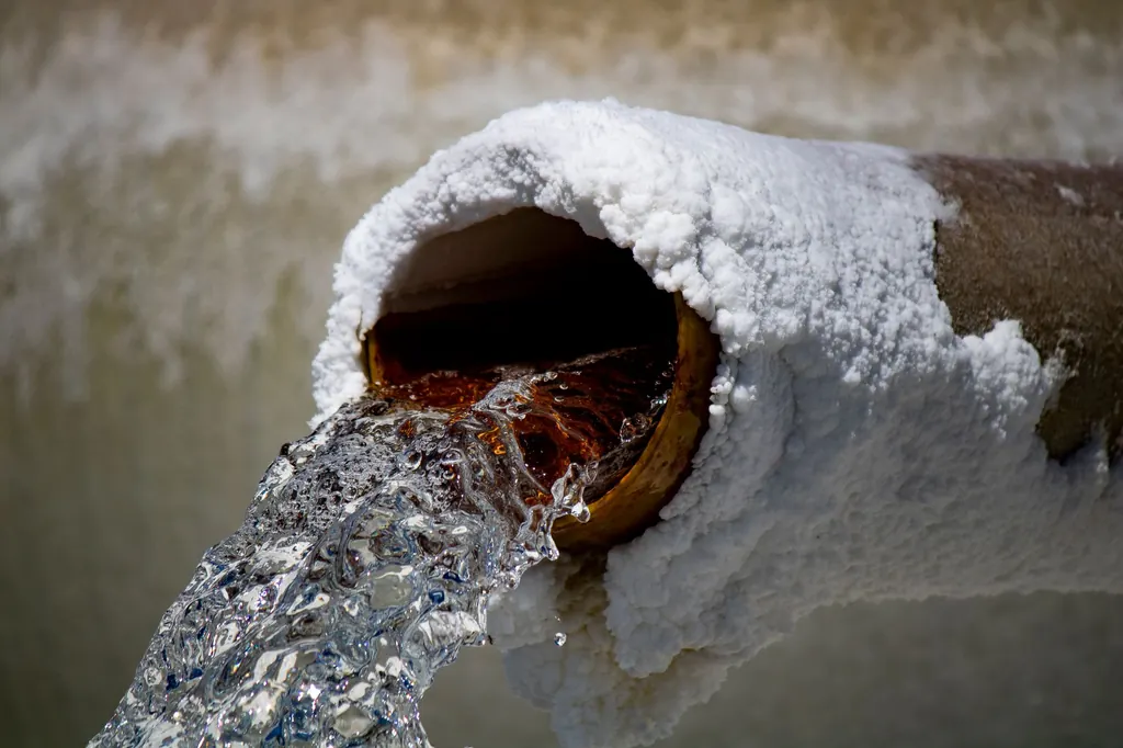 White salt and mineral deposits on a pipe from hard water — Denver, CO water at 5.2 GPG (89 ppm)