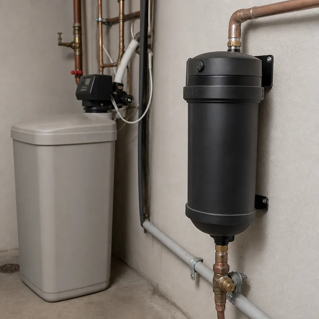 Salt-free water conditioner beside a traditional salt-based softener