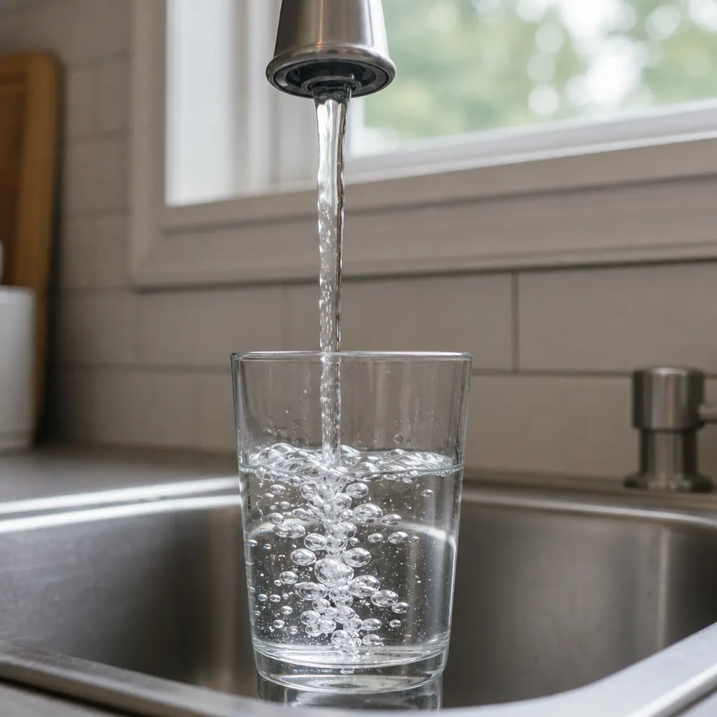 Tap water running into a glass for a hardness test sample