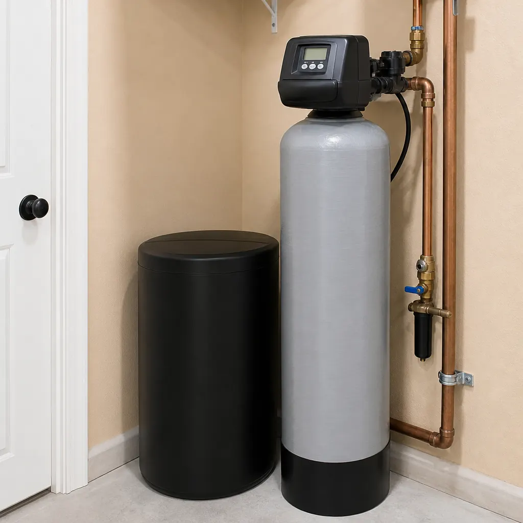Water softener brine tank and resin tank installed in a utility room