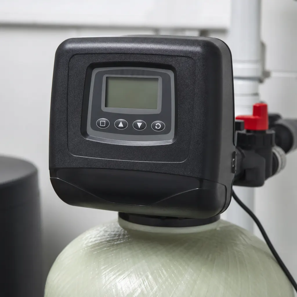 Digital water softener control head on a resin tank — recommended for Amarillo hard water treatment