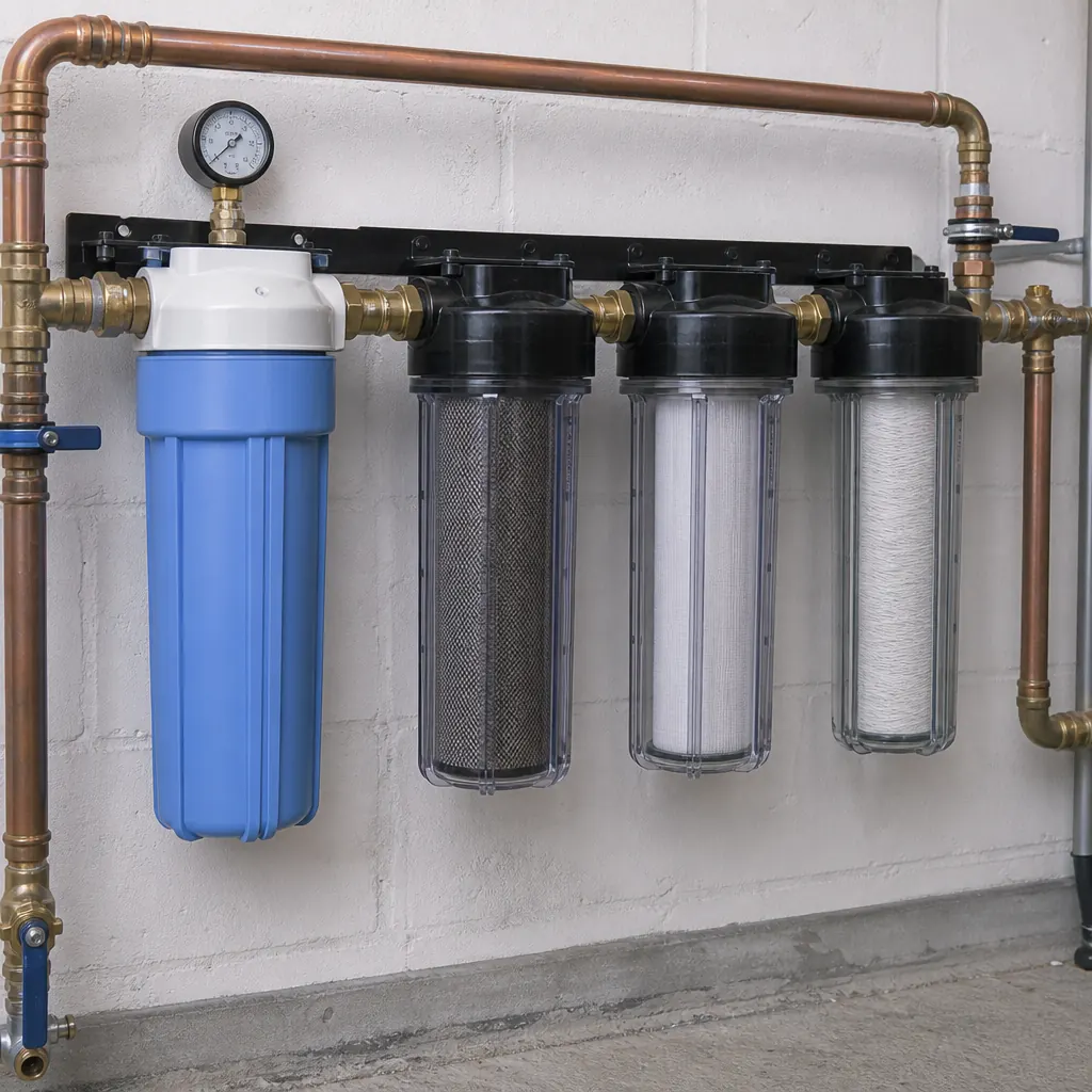 Whole-house water filter manifold with pressure gauge — recommended for Allentown hard water treatment